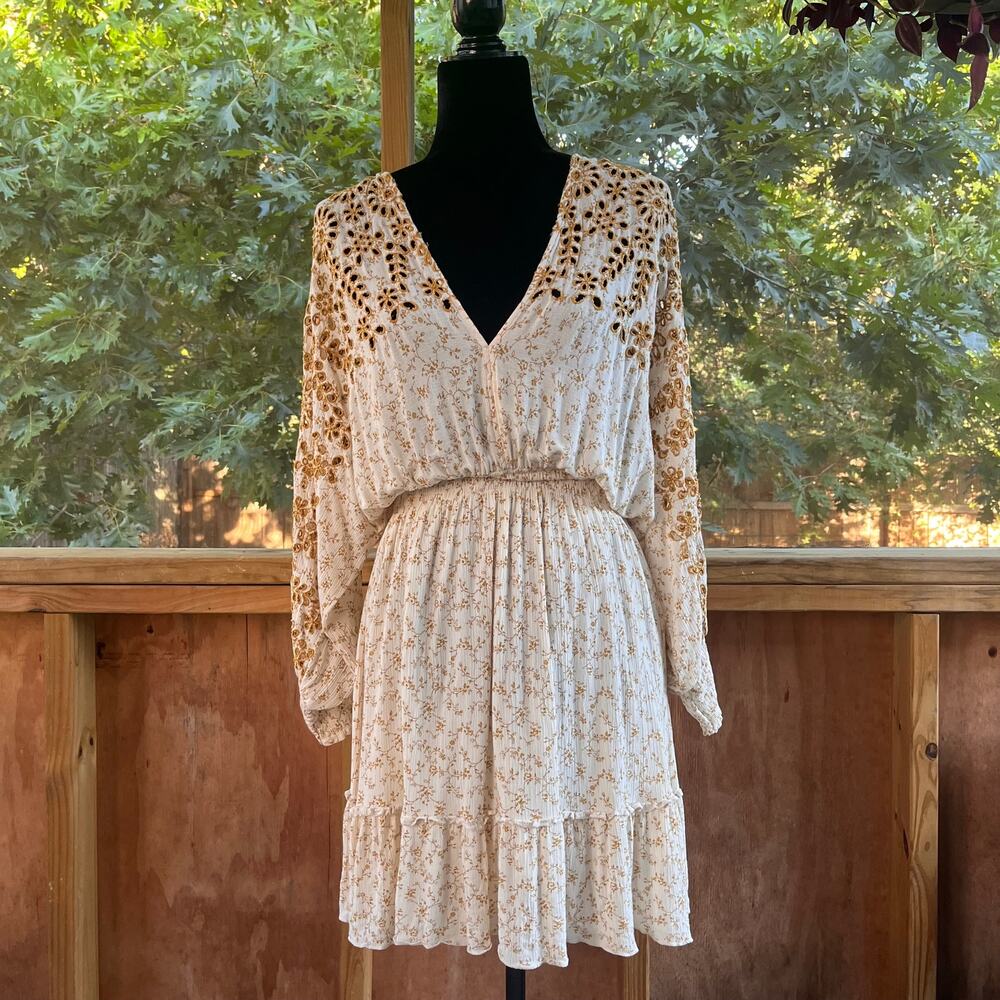 lovestitch Cream Floral Long Sleeve Mini Dress with Brown Embroidery